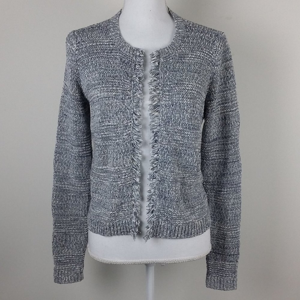 LOFT Gray Blue Open Front Fringe Cardigan Sweater